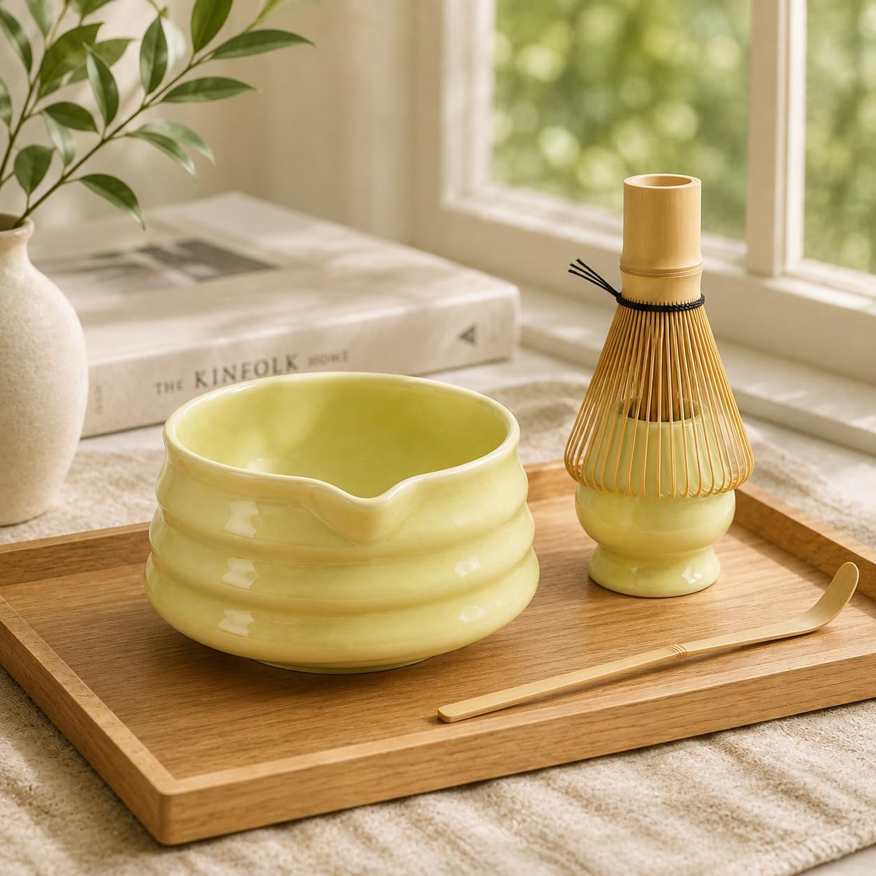 Matcha Bowl Set with Whisk Holder, 560ml Ceramic Chawan