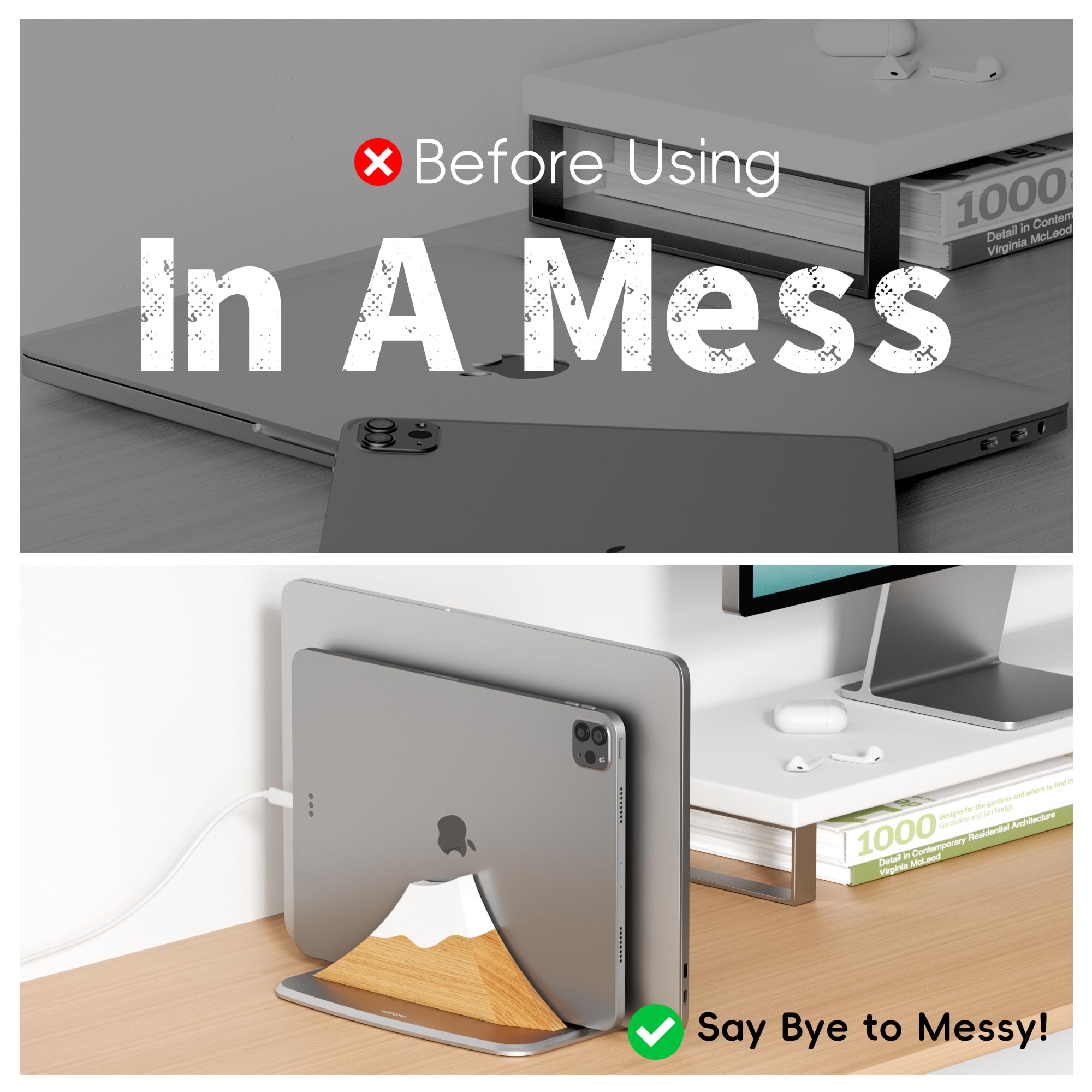 AFOOYO Vertikaler Dual-Laptop-Ständer – Schneeschirm-Form, verstellbarer Laptop-Halter, 2 Steckplätze, Desktop-Dock, kompatibel mit allen MacBook, Surface, Chromebook, Dell und mehr (Buchenholz)