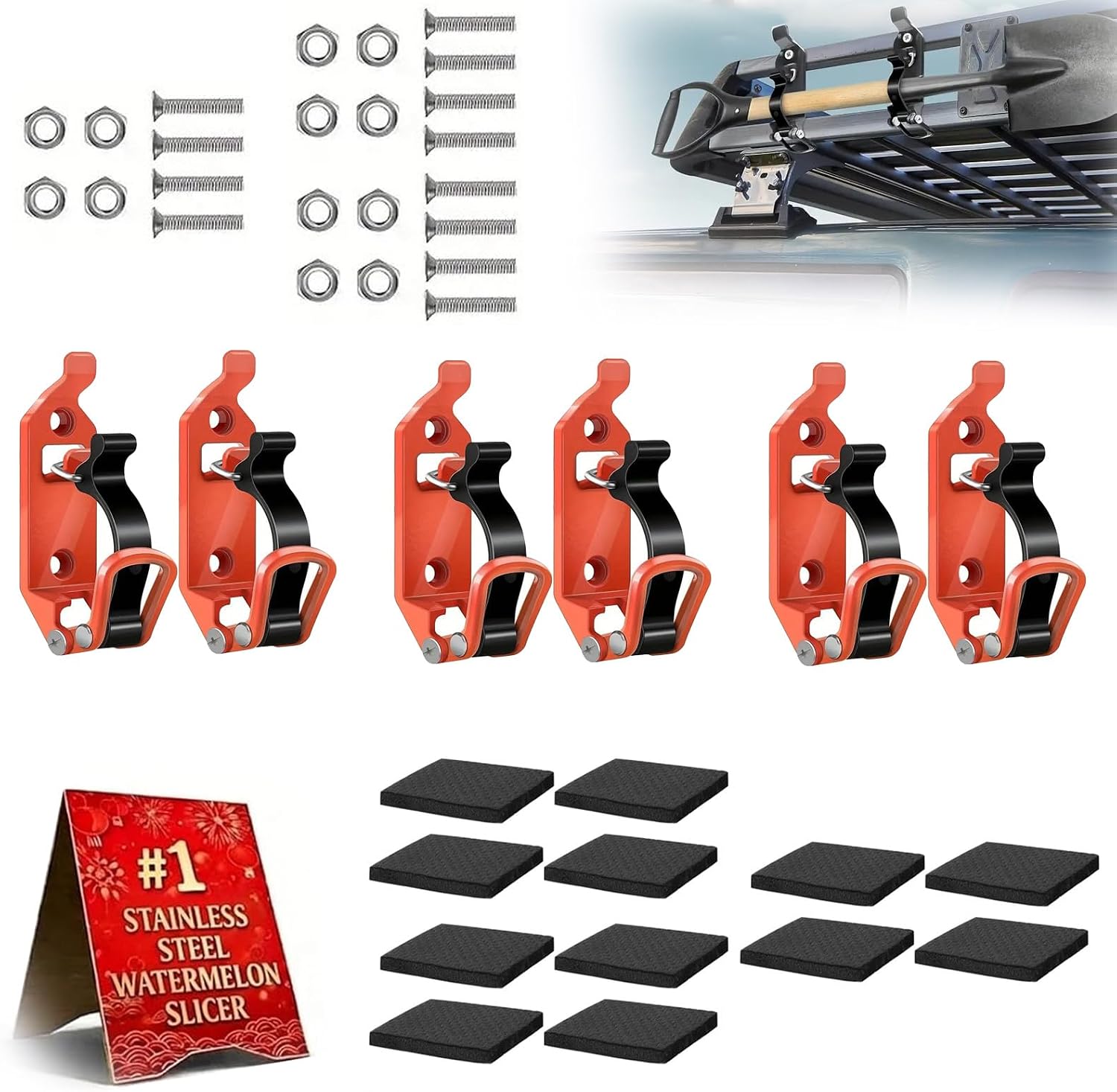 Heavy Duty Metal Rubber Shovel Mount Kit, Quick Release Tool Clamp for Truck Roof Rack Axe Holder, Off-Road Gear Holder, Wall / Bed Frame Mounted Garage Storage Rack (6, Orange)
