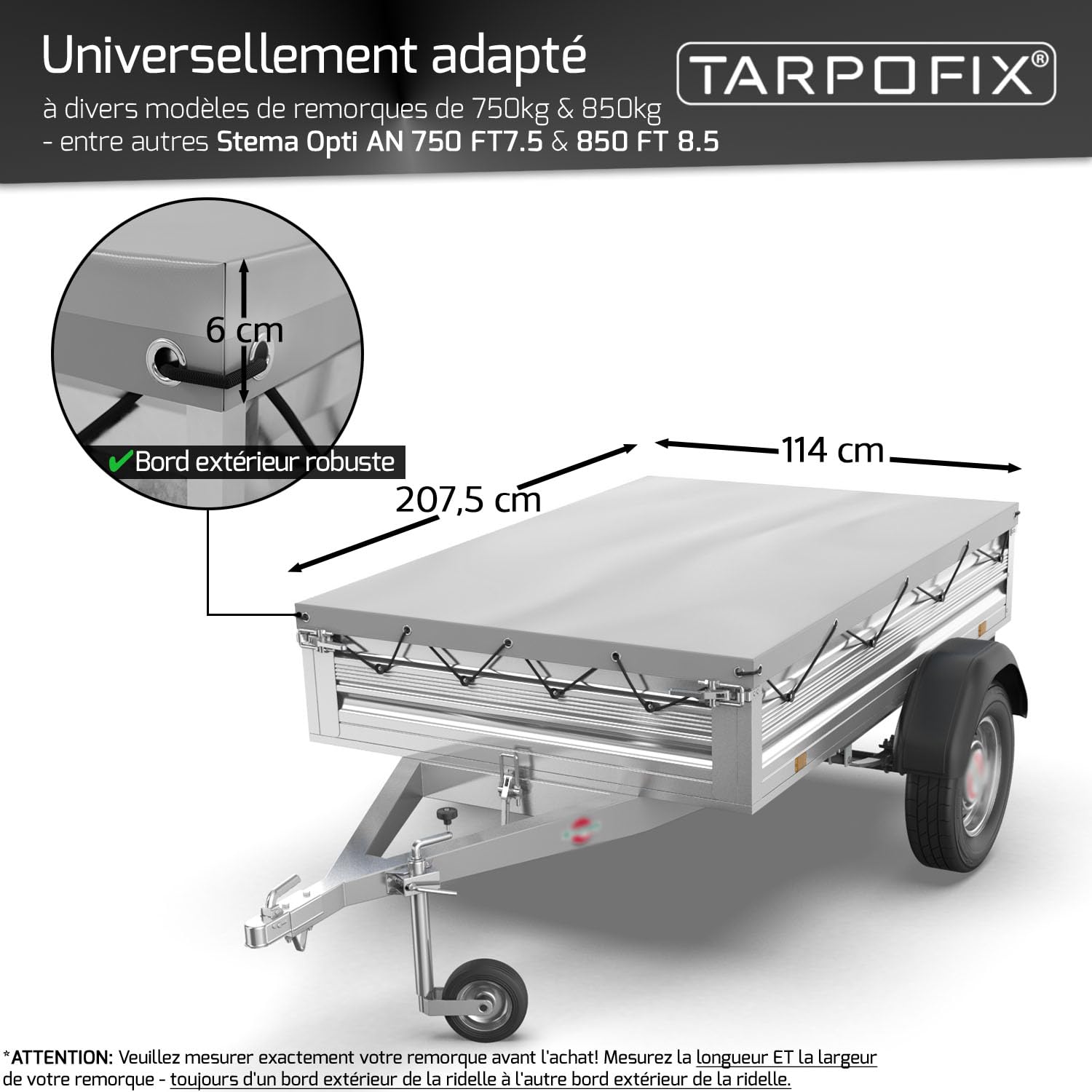 Tarpofix® Bâche Protection Plate 207,5 x 114 x 10 cm avec Corde de bâche - Bâche de remorque renforcée en PVC - Bache pour remorque Divers modèles de remorques de Voitures de 750 kg