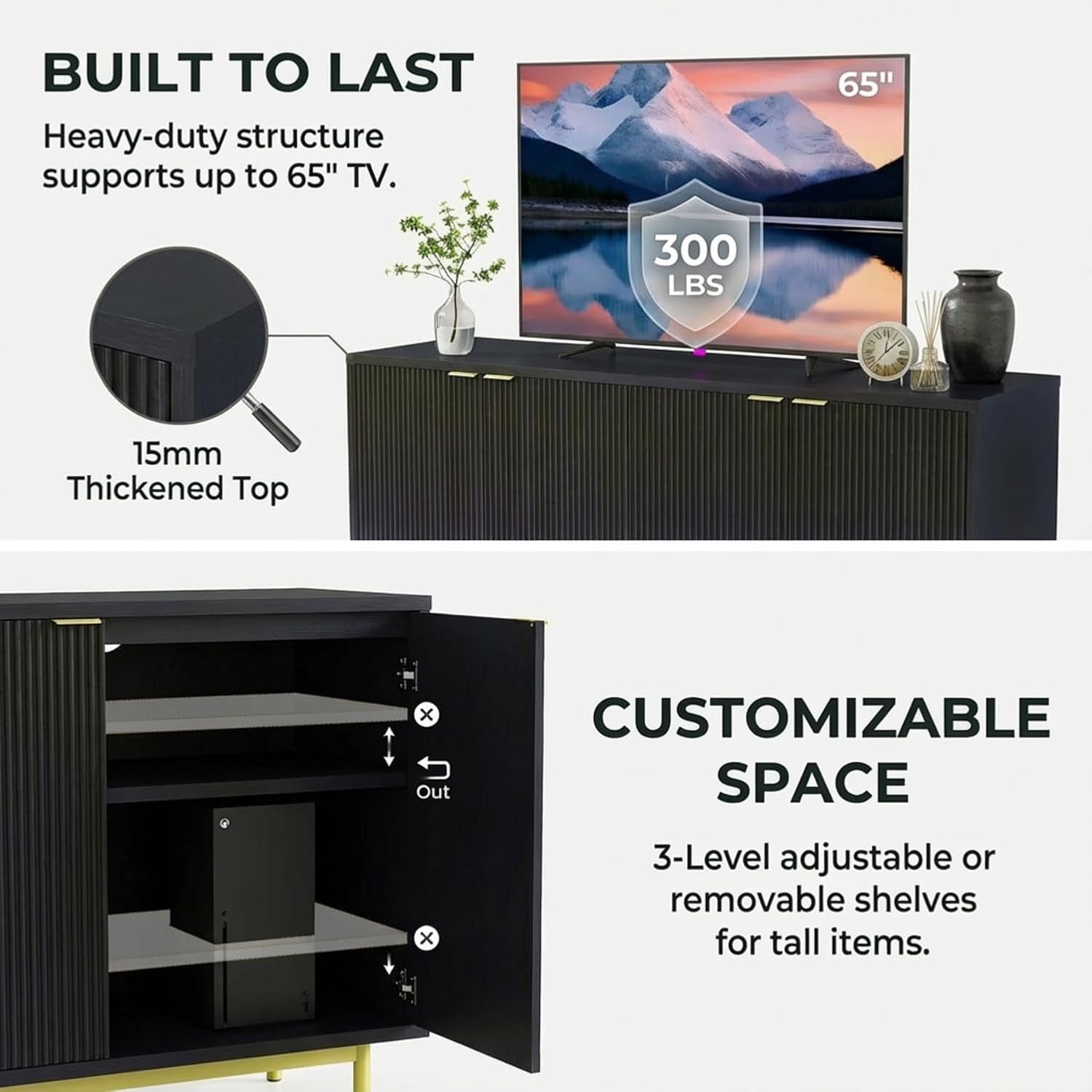 Vipbear 58 Inch Black TV Stand for 65 Inch TV, Modern Fluted Media Console Table with 4 Doors, Large Entertainment Center with Storage, Black Sideboard Buffet Cabinet for Dining Room and Living Room