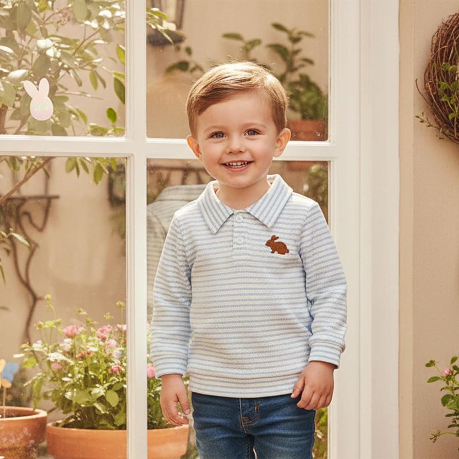 Toddler Baby Boy Easter Outfit Cute Bunny Embroidery Waffle Striped Long Sleeve Polo Shirt Button Up Pullover Top - Image 5