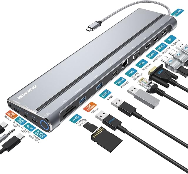 USB C Docking Station Dual Monitor,14 in 1 Triple Display USB C Dock with 4K @ 60Hz HDMI and DP, VGA, Gigabit Ethernet, USB3.2 Gen2 10Gbps,100W PD, SD/TF/USB 3.0 Ports for MacBook and Windows Laptop
