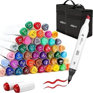 96-Pieces Dual Tips Alcohol Markers, 48 Colors Brush Tip Art Markers for Kids Adult Artist Book Drawing Sketching Painting Coloring with Case, 2 Set of Colored Pens Drawing Supplies, Chisel & Fine
