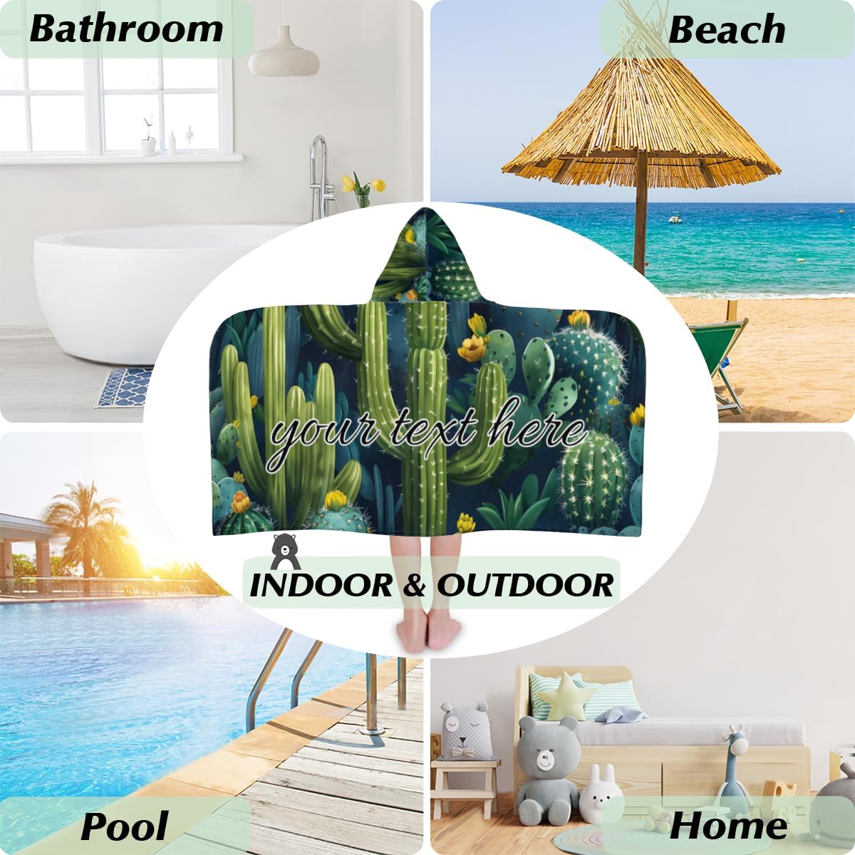 Green Cactus Personalized Kids Beach Towel for Boys Girls, Cactus Plant Custom Name Hooded Bath Towel Quick Dry Absorbent Beach Blanket Pool Swimming Towels