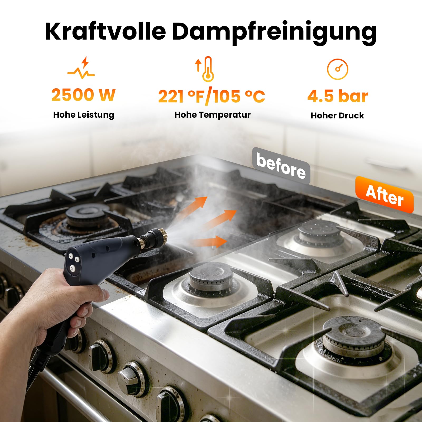 4.5 Bar Dampfreiniger Handgerät, 2500W Handdampfreiniger für das Haus Mehrzweck, 6 Einstellbare Geschwindigkeiten, 1.2L Wassertank, Aufheizzeit & 15 Sekunden für Auto, Küche, Bad, Fliesen, Fenstern