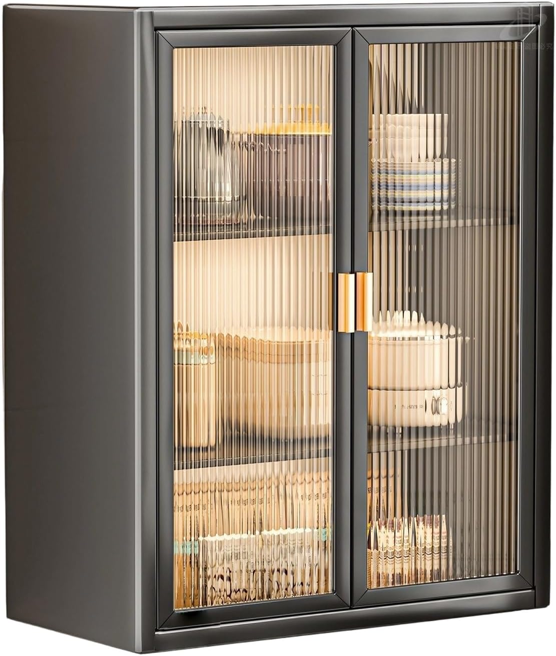 Wall Mounted Storage Cabinet with Glass Doors, Adjustable Shelves, Fully Assembled Metal Medicine Cabinet & Kitchen Organizer for Bathroom, Garage,Black-60/23.6in