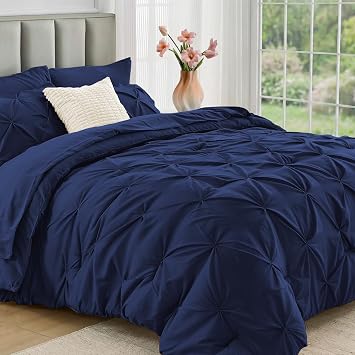 JOLLYVOGUE King Size Comforter Set 7-Piece Set - Bed-in-Bag King All-Season Pinteruck Bedding Comforter Set with Comforter, Flat Sheet, Fitted Sheet, Pillowcase & Pillowcase, Navy