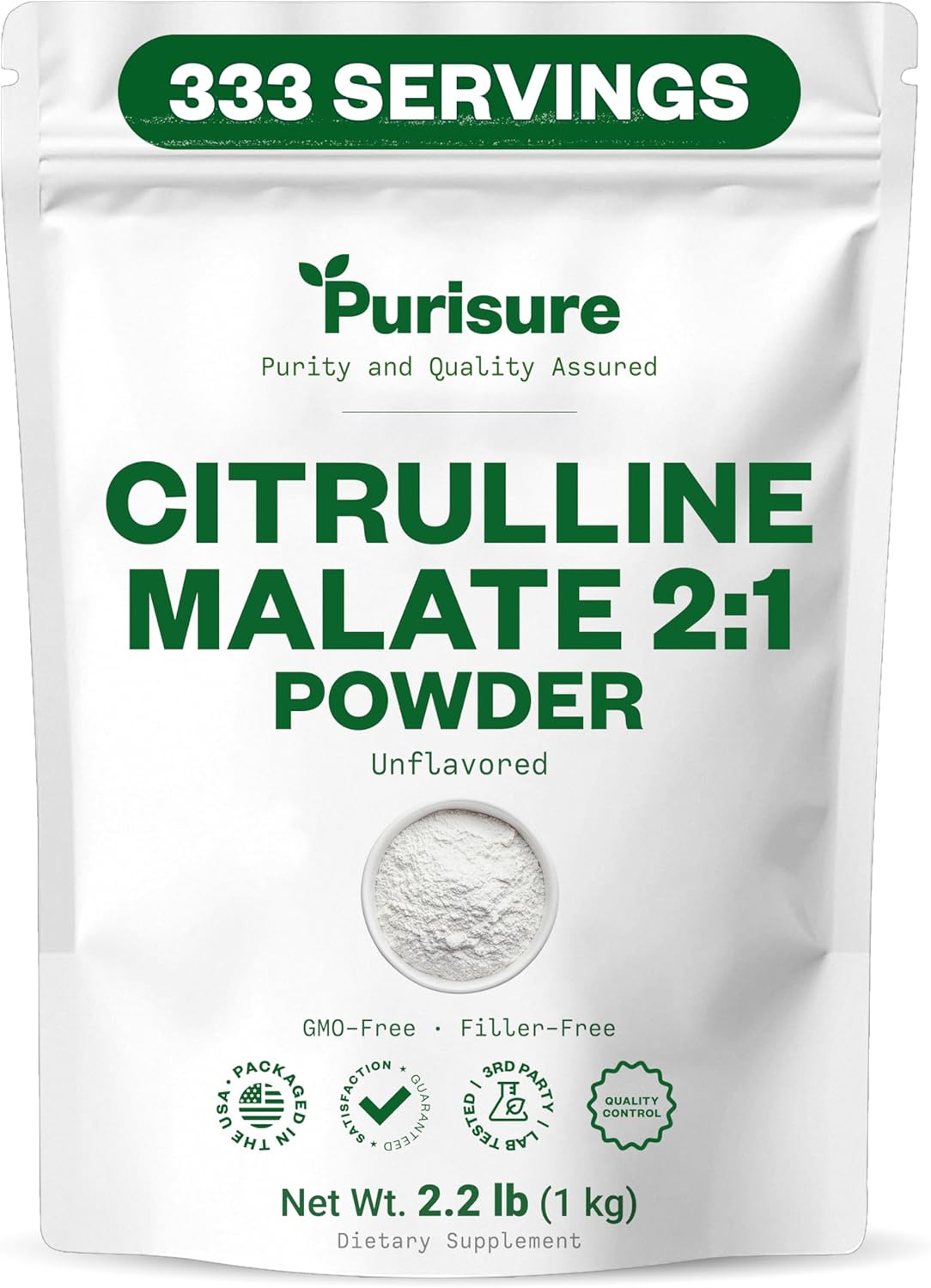 Purisure L Citrulline Malate 2:1 Powder, 1 kg, Supplement and Nitrate for Strength Performance and Energy, Pre-Workout L Arginine L Citrulline Supplement Powder, 333 Servings