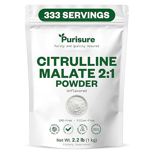 Purisure Citrulline Malate 2:1 Powder, 1 kg, Citrulline Supplement and Citrulline Nitrate for Strength Performance and Energy, Pre-Workout L Arginine L Citrulline Supplement Powder, 334 Servings