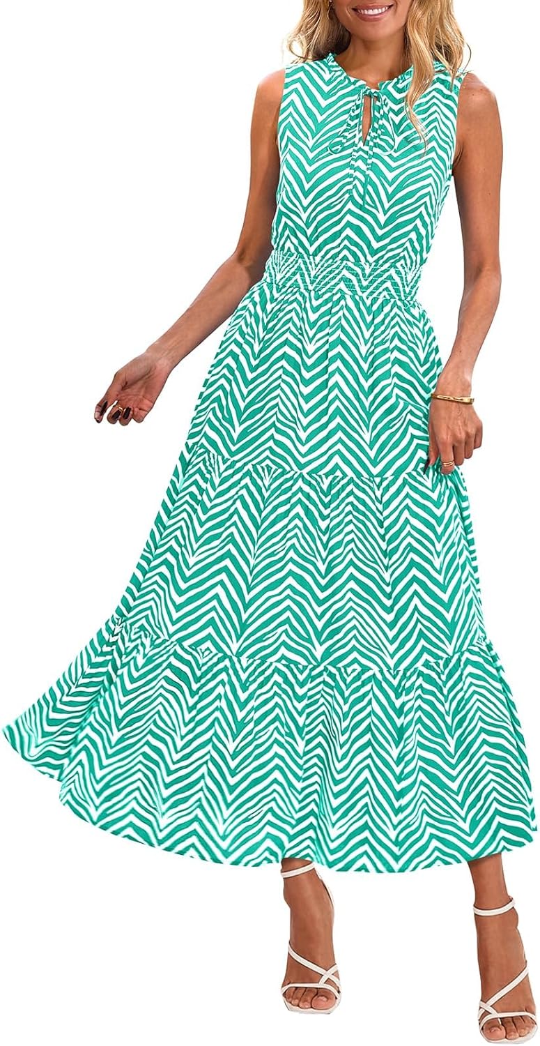 PRETTYGARDEN Womens Summer Dresses 2025 Sleeveless Drawstring V Neck Maxi Dress Flowy Casual Long Dresses with Pockets