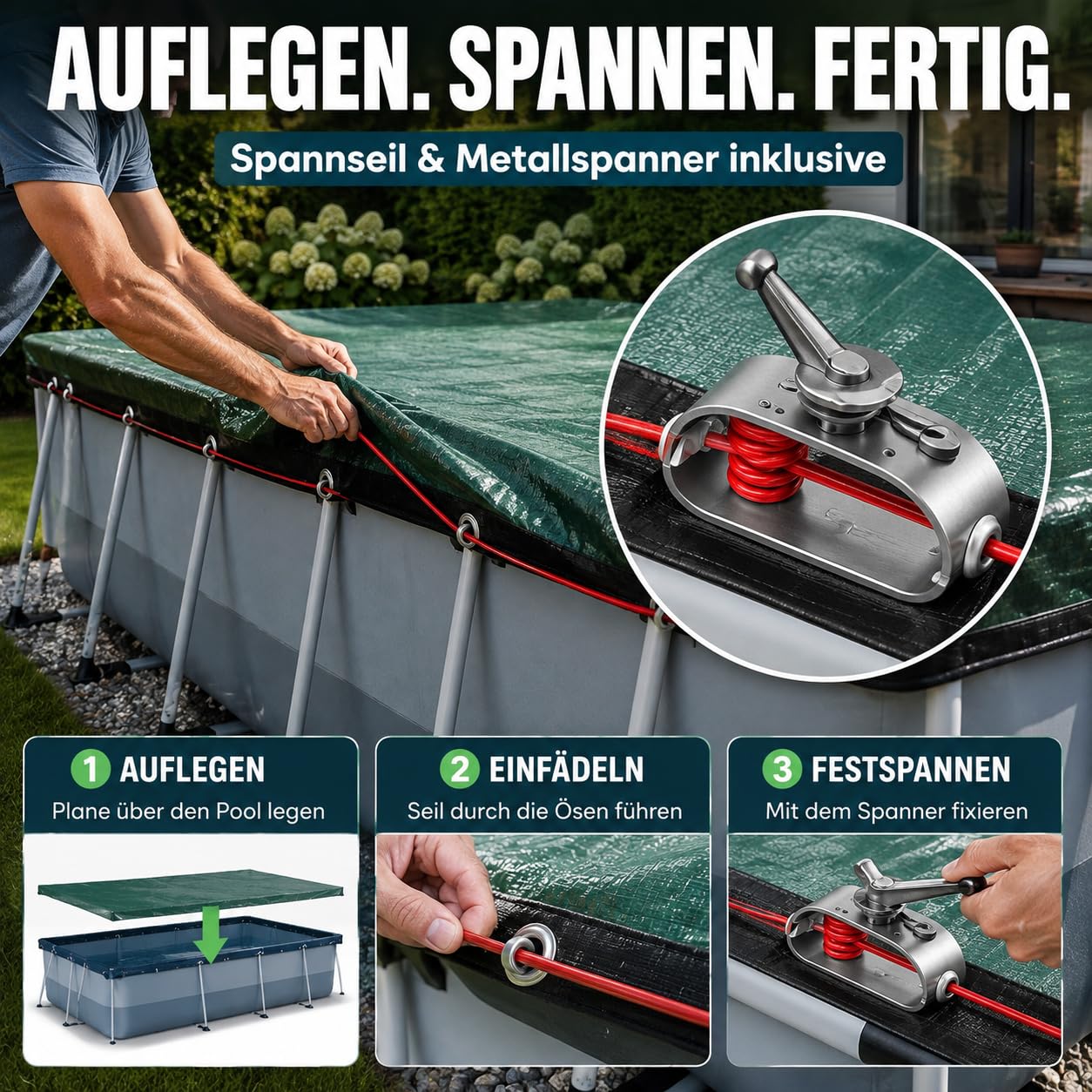 poolomio Poolabdeckung rund 366 cm, Poolplane Rundpool für Sommer & Winter