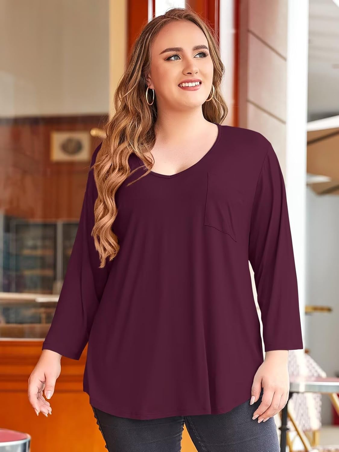 BELAROI Womens Plus Size Tunic Tops 3/4 Sleeve V Neck T Shirts Basic Tee Loose Blouses with Pocket - Image 3