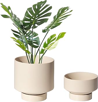 UBEE 2 Ceramic Pots for Indoor Plants Set, 5.43 Inch + 4.61 Inch Plant Pots with Drainage Holes and Saucers, Ceramic Succulents Planter Pot Flower Pot with Saucer, Beige