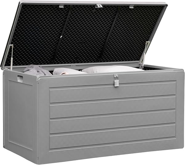 Olsen & Smith 680L XL Outdoor Garden Storage Box, Weatherproof Wood Effect Outdoor Storage Box, Lockable Large Storage Box with Lid, Padlock, Seat, Storage Boxes with Lids, Anthracite, 146 x 71 x 75cm - 1