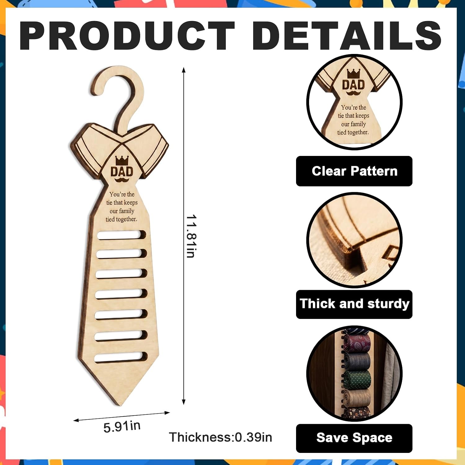 Tie-Shaped Wooden Tie Rack for Dad, 11.81 x 5.91 in 1cm Thick Solid Wooden Hanger Wooden Tie Organizer with DAD Crown Sentimental Quote, Closet Storage for Men Husband