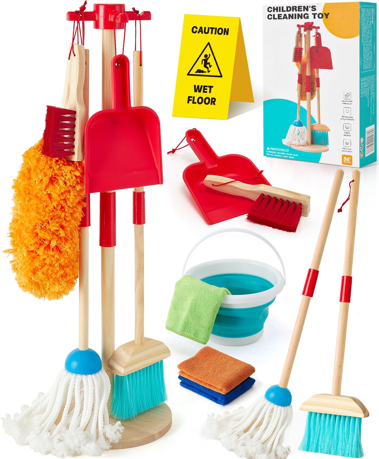 Lonico Wooden Kids Cleaning Toy Set Pretend Play Toys, 12 Pcs Toddlers Cleaning Mop Broom and Dustpan Set with Organizing Stand/Bucket/Duster/Brushes, Toddler Toys Gift for Boys Girls Aged 3 4 5 6