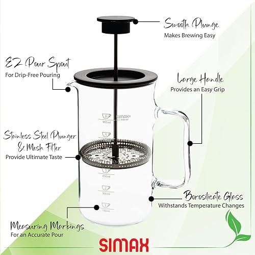 Miniatura 2 de SIMAX Cafetera de prensa francesa, prensa de café de 1 litro, cafetera de vidrio apta para lavavajillas con filtro, vidrio de borosilicato seguro