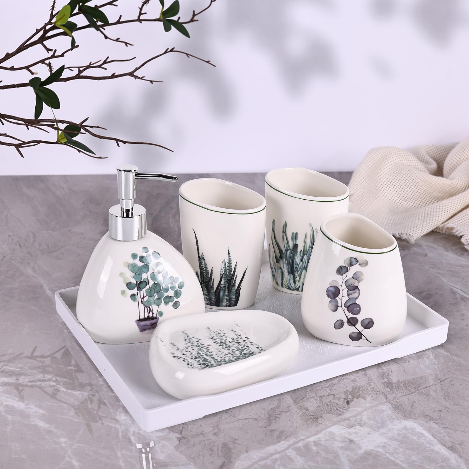 Elegante set da bagno in ceramica da 6 pezzi dotato di dispenser per lozione, bicchiere per collutorio, piatto per trucco, piatto per sapone, portaspazzolino e vassoio, moderno set di