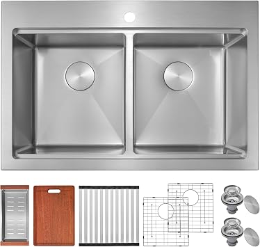MILOSEN 33 Inch Double Bowl Kitchen Sink,33x22x10 Drop in 16 Gauge T304 Stainless Steel Sinks, Workstation Sink 50/50 Topmount Double Basin with Accessories