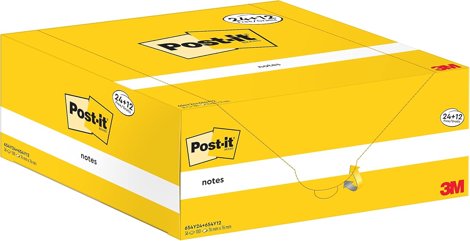 Post-it Notes, Canary Yellow, 76 mm x 76 mm, 100 Sheets/Pad, 24 + 12 Free Pads/Pack
