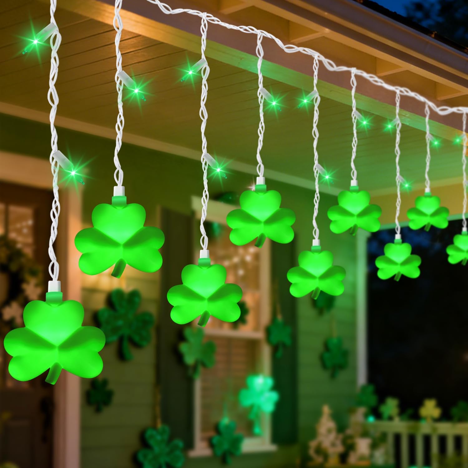25 LED Green Shamrock Icicle Lights, 6.75FT St. Patricks Day Lights Curtain String Lights with 10 Shamrock & 25 LED Light for Lucky Clover St Patrick's Decorations Indoor Home Window Proch Party Decor