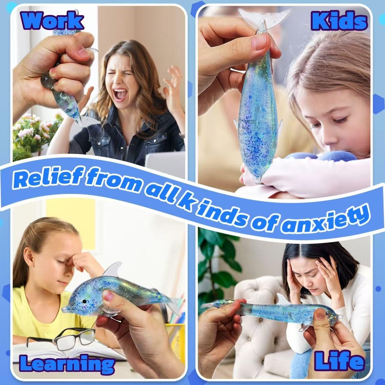 Blue Dolphin Squishy Sugar Stress Ball, Cute Glitter Sea Animals Squeeze Sensory Toys, Soft Dolphin Stress Relief Sugar Ball Squishy Toys for Kids, Classroom Prizes, Birthday