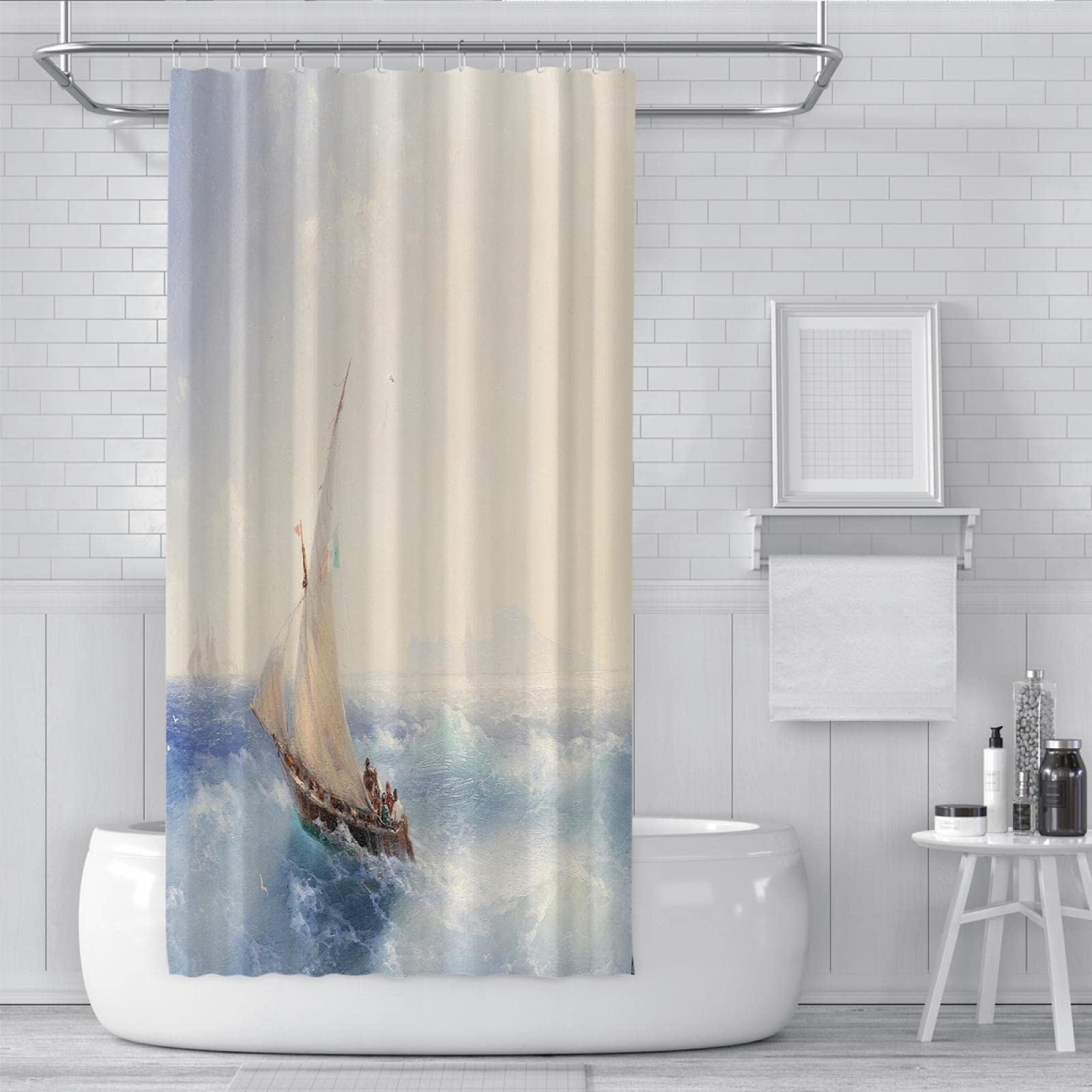 Rideau de Douche Bleu Avec vue Sur l’océan Ensemble de rideaux de Douche en Tissu Polyester pour voilier Blanc Avec crochets Ivan Aivazovsky Art Rideau de Bain imperméable 150Bx200Lcm