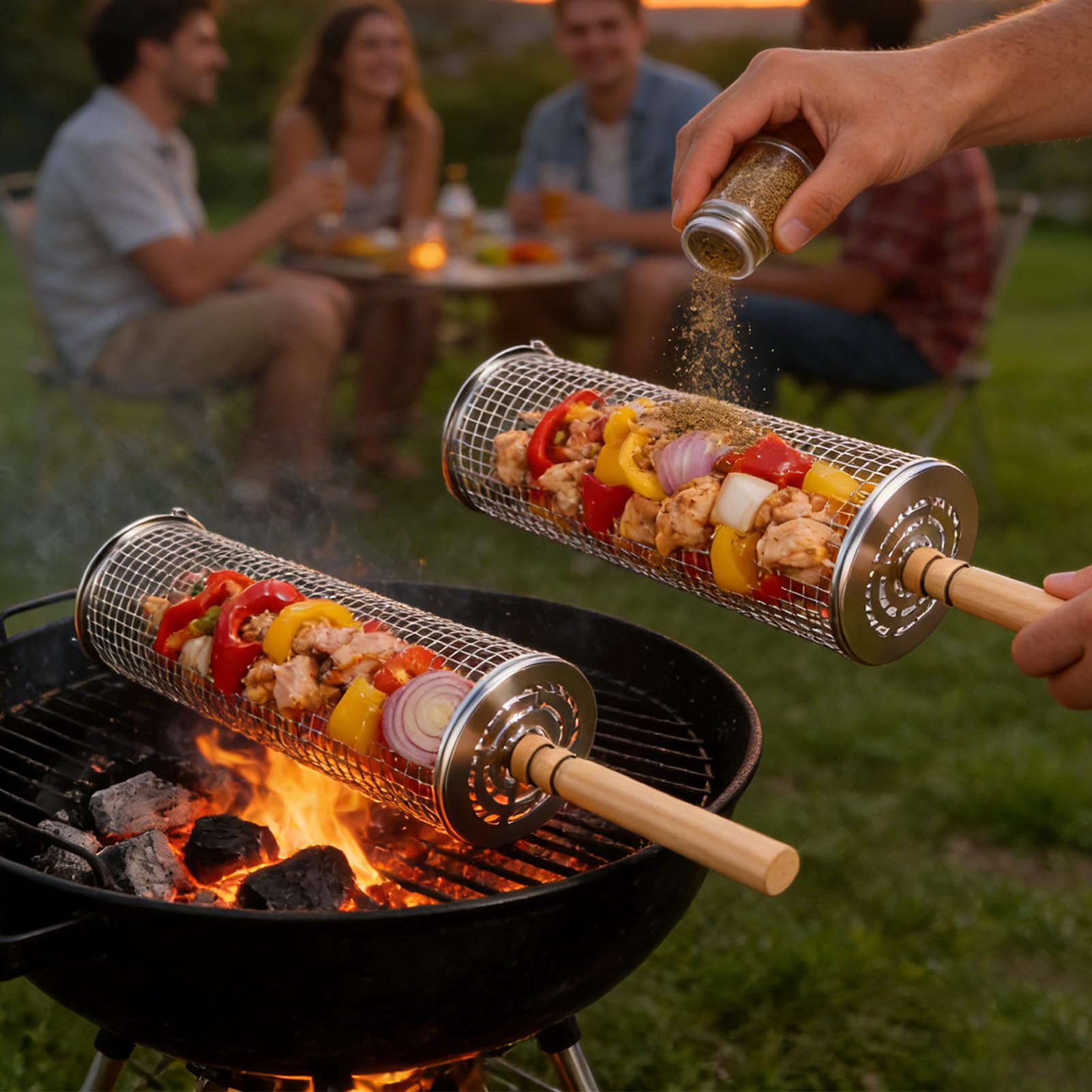 Rollbarer Grillkorb aus Edelstahl, Grillnetz, Kochutensilien für den Außenbereich