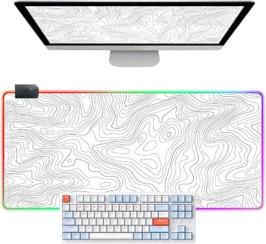 Topographic Contour RGB Mouse Pad L 11.8x23.6inch Large LED Light Gaming Desk Mat,White Game Mousepad Non-Slip Rubber Base PC Computer Pad Long Desk Keyboard Pad Office&Home