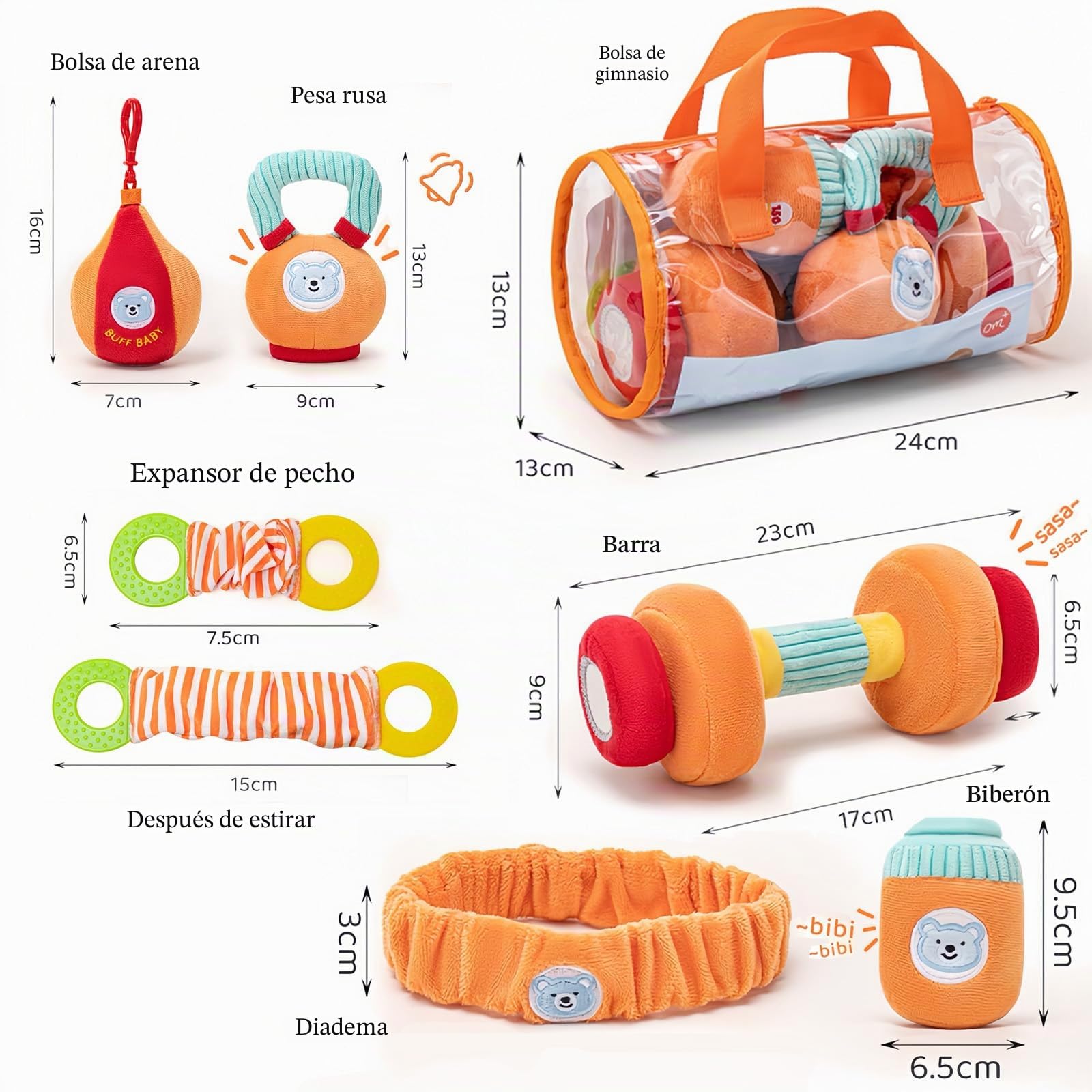 Juego de Juguetes de Fitness para Bebés de 6 Piezas, Juguetes Bebes 0-3 Meses - Juguetes Sensoriales con Mancuernas/Bolsos/Sacos de Arena/Hervidor de Agua, Montessori Bebe 0 a 6 Meses