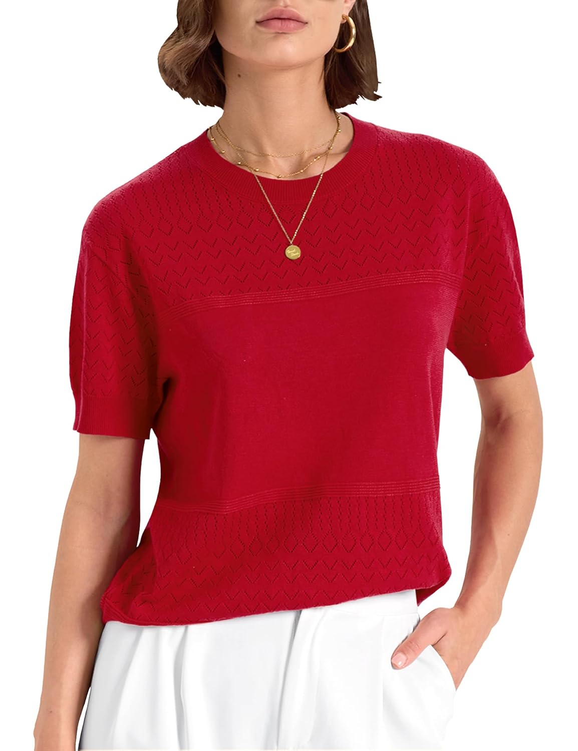 Womens Short Sleeve Sweater Tops 2026 Spring Summer Crew Neck Eyelet Shirts Loose Fit Knit Lady Casual Blouse
