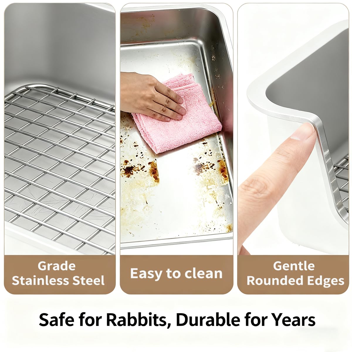 Extra große Kaninchentoilette mit Edelstahlgitter, Kleintier-Töpfchen für Kaninchen, leicht zu reinigende Metall-Katzentoilette, 45 x 35,1 x 15 cm, rutschfestes Netz, komfortables Design mit niedrigem