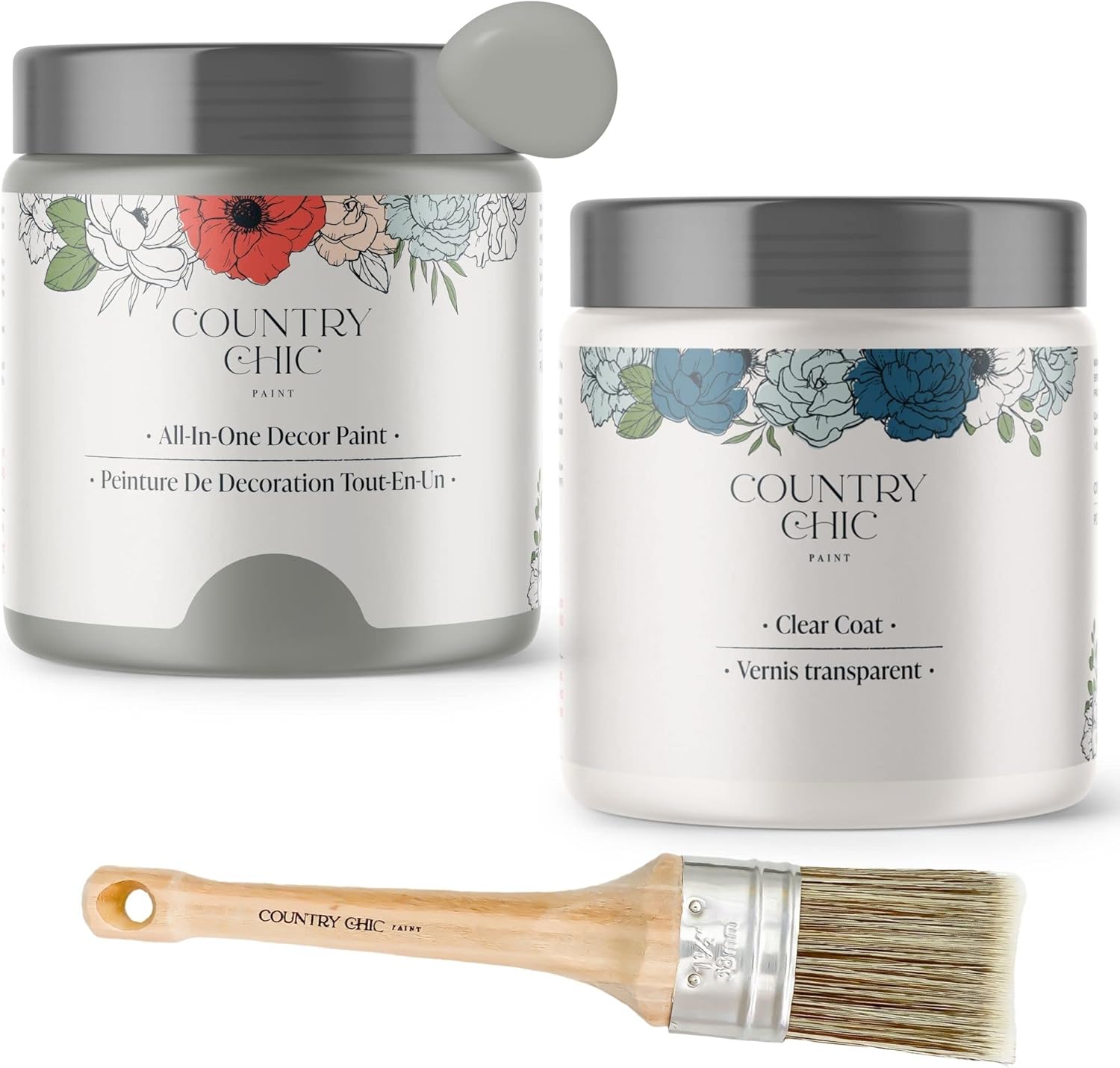 Chalk Style Paint + Clear Coat + Paint Brush Bundle - for Furniture, Home Decor, Crafts (Color: Pebble Beach [pint - 16 oz] - Grey)