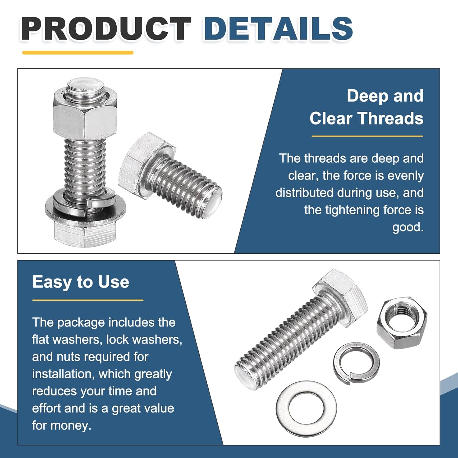 MECCANIXITY M10 x 130mm 304 Stainless Steel Hex Head Screws Bolts, Nuts, Flat & Lock Washers Assortment Kit, Fully Threaded, Bright Finish for Home, Electronic, Machine, 2 Sets