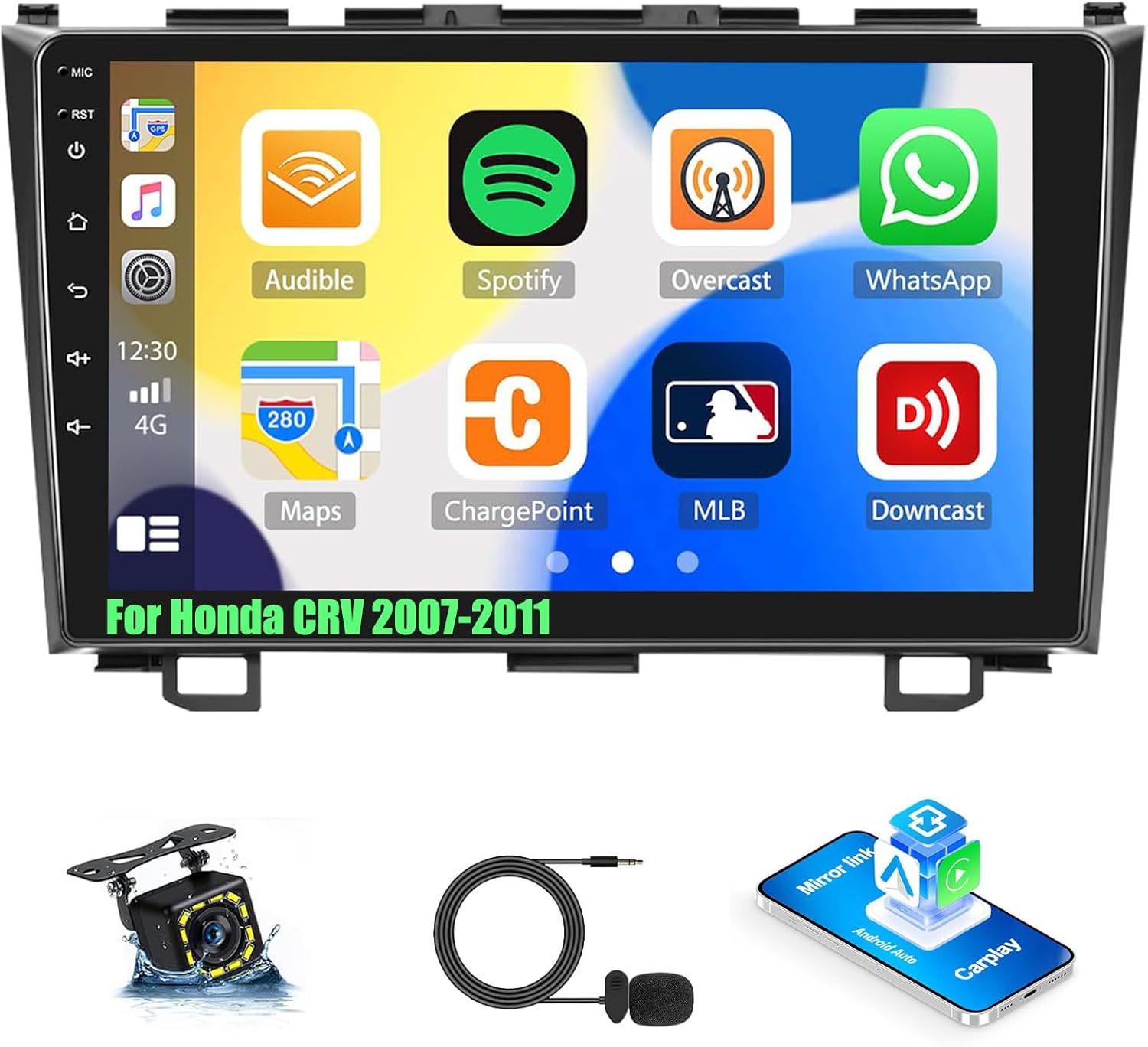 Car Stereo for Honda CRV 2007-2011 with Apple CarPlay/Android Auto, 9 Inch Touch Screen Bluetooth for CRV CarPlay Radio Head Unit, FM, Mirror Link SWC EQ Dual USB Input with Backup Camera Mic