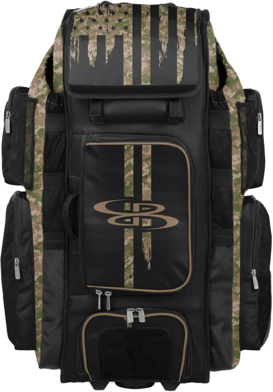 Boombah Superpack XL Rolling Bat Bag - 35.5" x 13.5" x 10" - Telescopic Handle - Holds 8 Bats - Wheeled Version - USA Tribute Olive Drab/Teak Brown/Black