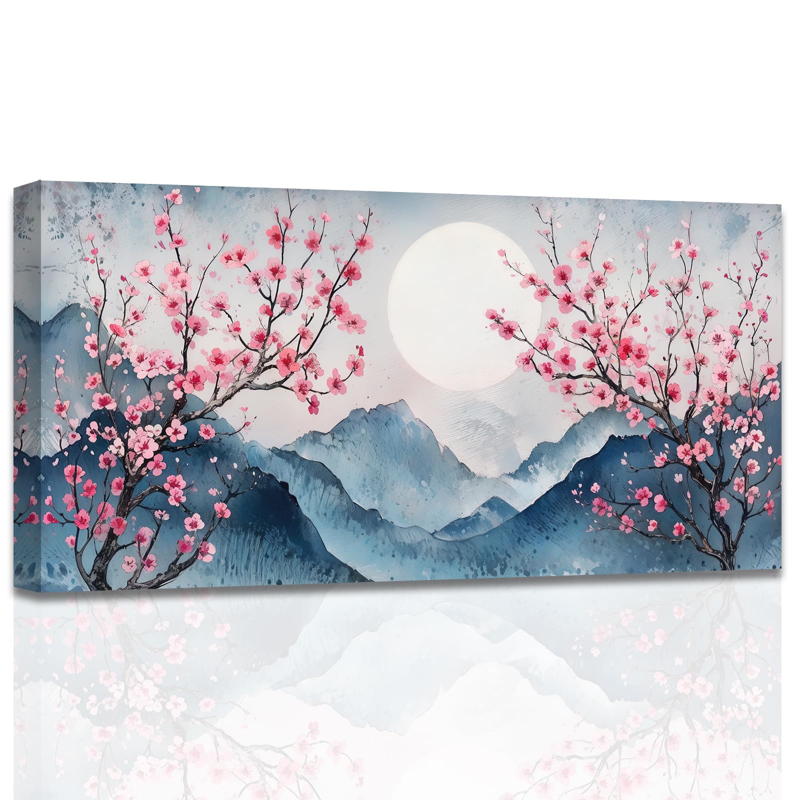 ZXHYWYM Japanese Landscape Wall Art Cherry Picture for Wall Cherry Blossom Tree Canvas Prints Abstract Moon Mountain Pink Flower Painting Bedroom Decor Framed (Blue, (60L x 120W cm))