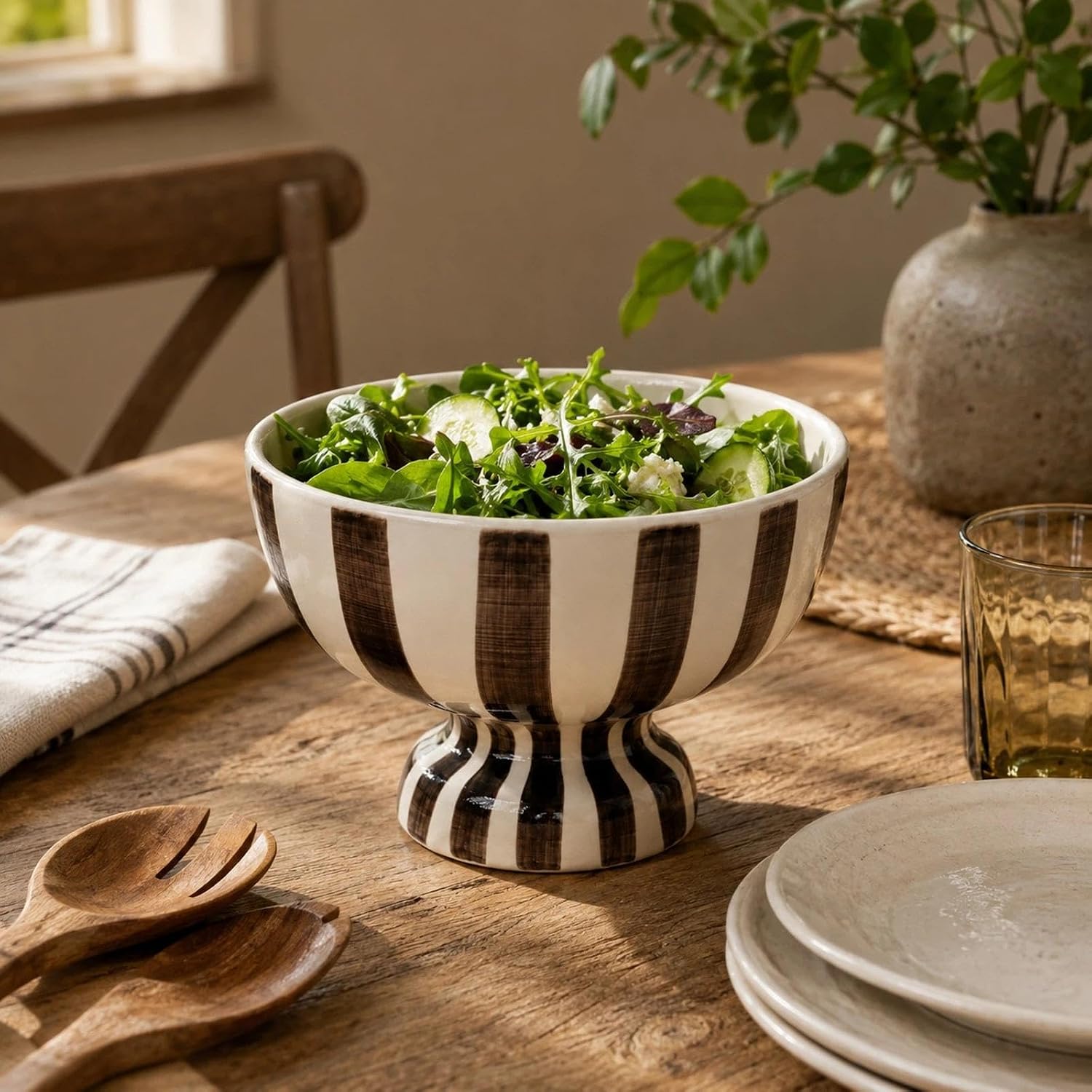 LOGOFUN Ceramic Footed Fruit Bowl Dark Brown Striped Pattern