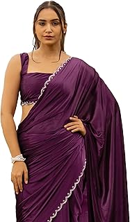 Subham Women's Silk Stone Work Farewell Plain Saree with Blouse Piece | Scalloped Cut Work Border
