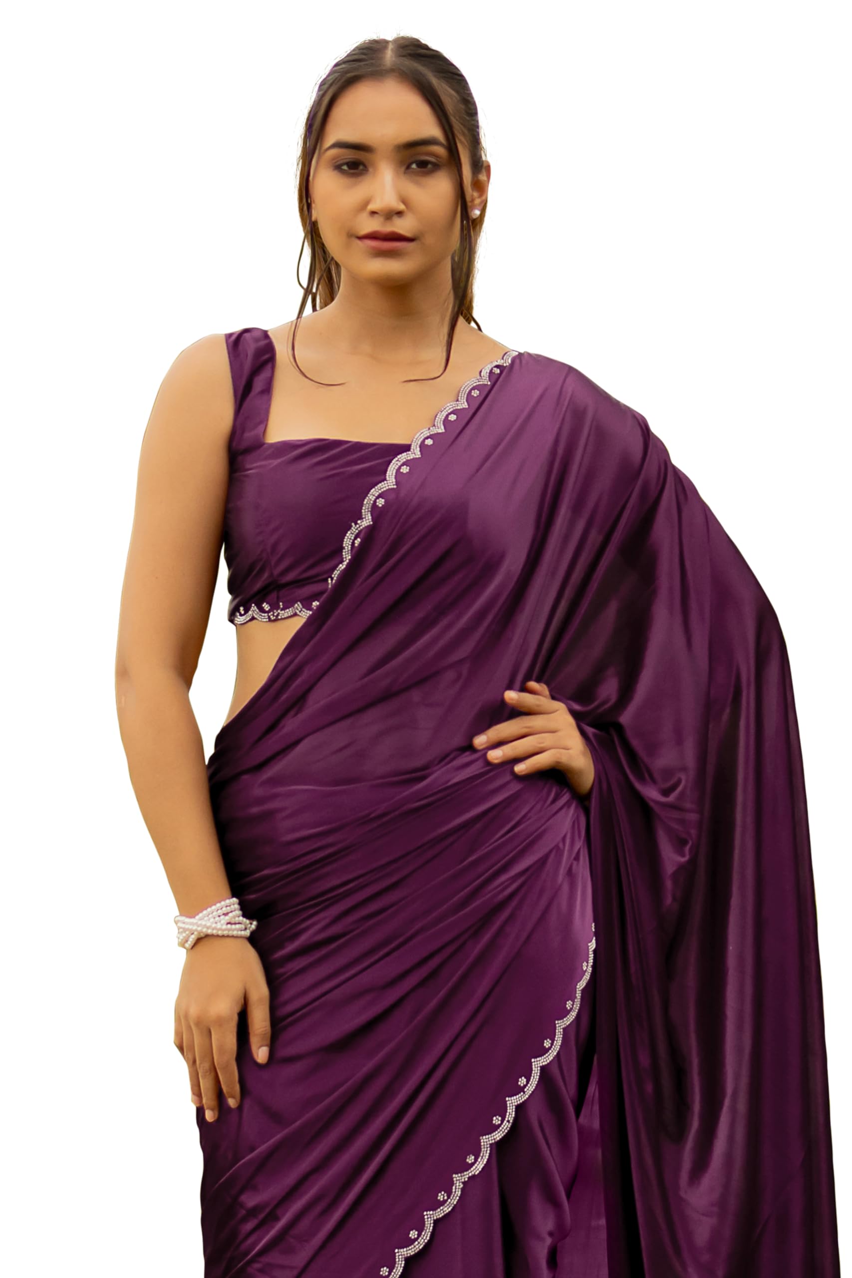 subham Women's Silk Stone Work Farewell Plain Saree with Blouse Piece | Scalloped Cut Work Border-picture-26