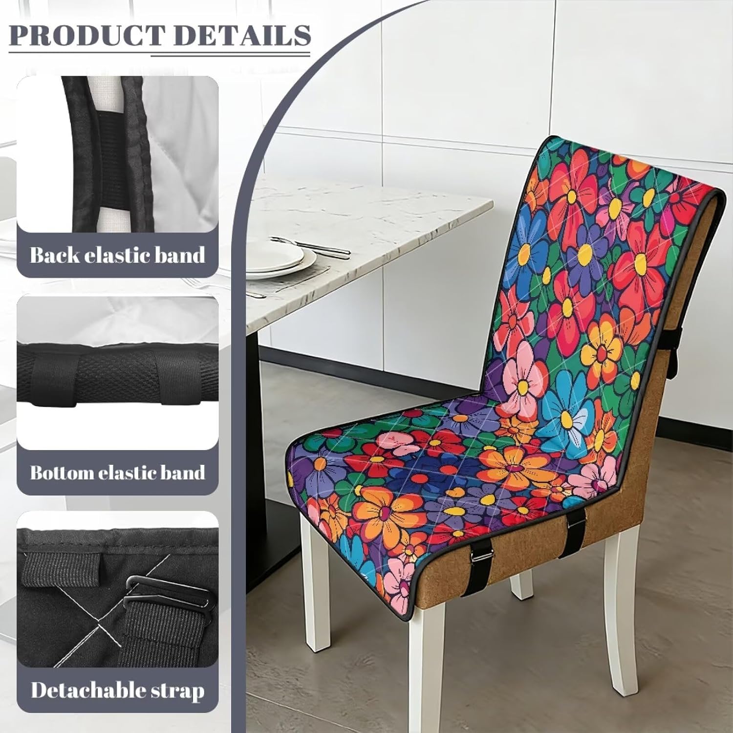 Hippie Floral Seat Covers Dining Chairs Covers Washable Chair Cover Set of 2 Water-Resistant Slip Covers18.5x58.2 Inch for Armless Chairs Kitchen Room Decor