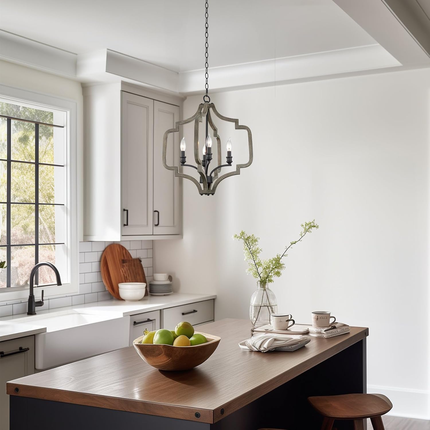 Kira Home Atwood 23" 4-Light Farmhouse Pendant Light Chandelier, Open Design, Gray Oak Wood Finish + Sandblasted Black Finish