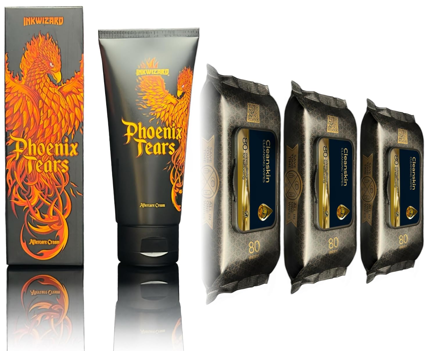Phoenix Tears Tattoo Aftercare Cream with CleanSkin Cleansing Green Soap Wipes for Tattooing (pack of 3)