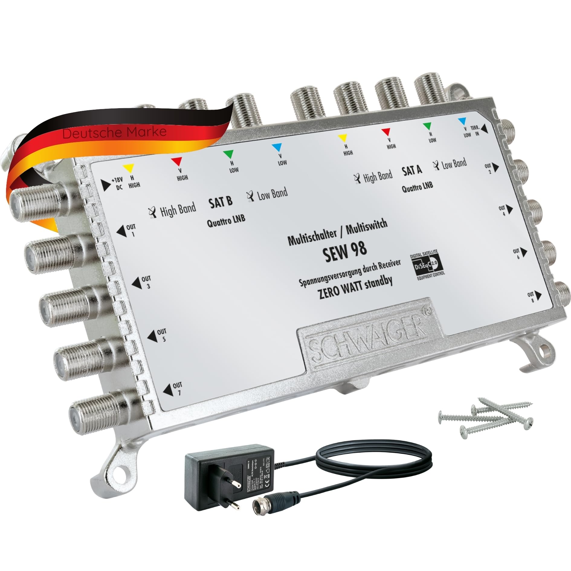 SCHWAIGER 5217 Multiswitch Sat Splitter 8 vías Sat Splitter Digital Multiswitch Splitter de 8 vías con Fuente de alimentación Externa 2 Posiciones de satélite en 8 Salidas