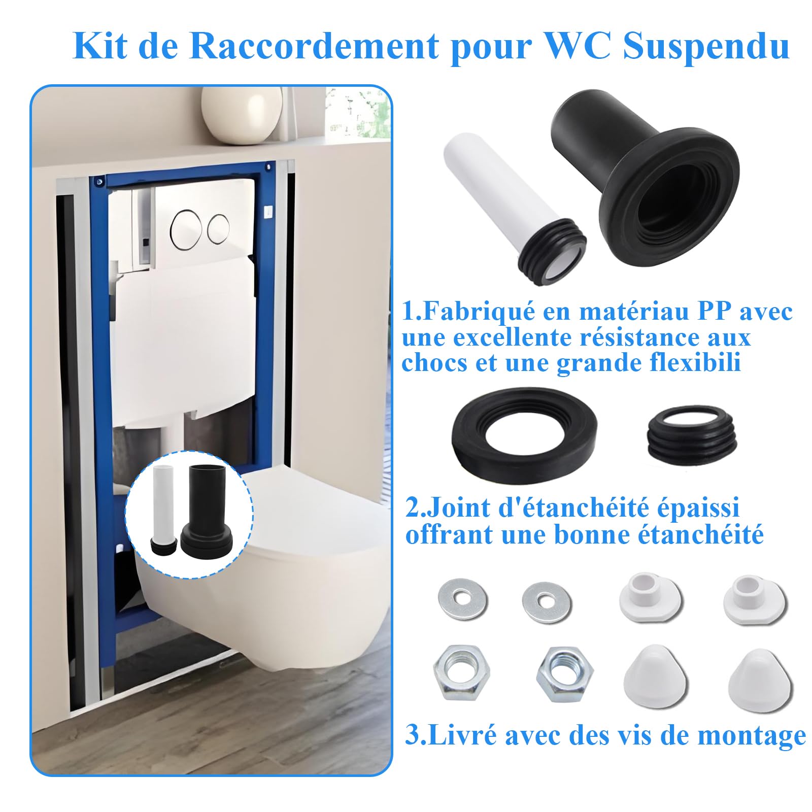 Kit de raccordement pour cuvette suspendue, compatible avec Geberit (152.426.46.1), comprenant un tuyau d'évacuation et un tuyau de remplissage, avec joints.