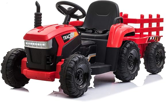 TOBBI Kids Electric Toy Tractor with Trailer, Toddlers 12V Battery-Powered 6-Wheels Vehicle, Ride On Car to Drive with 35W Dual Motor/3-Speeds/LED & Horn Functions for Chirdren Aged 3-8-Red
