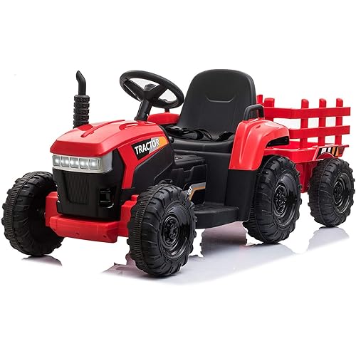 TOBBI Kids Electric Toy Tractor with Trailer, Toddlers 12V Battery-Powered 6-Wheels Vehicle, Ride On Car to Drive with 35W Dual Motor/3-Speeds/LED & Horn Functions for Chirdren Aged 3-6-Red