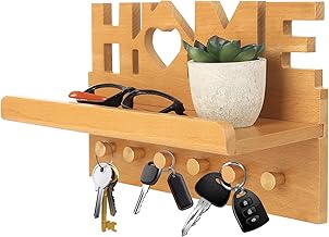 Wooden Wall Key Rack, Wall Key Hooks with 6 Hooks, Wall Key Holder with Shelf, Wall Key Holder for Bedroom Home Entrance Corridor Office Decorations