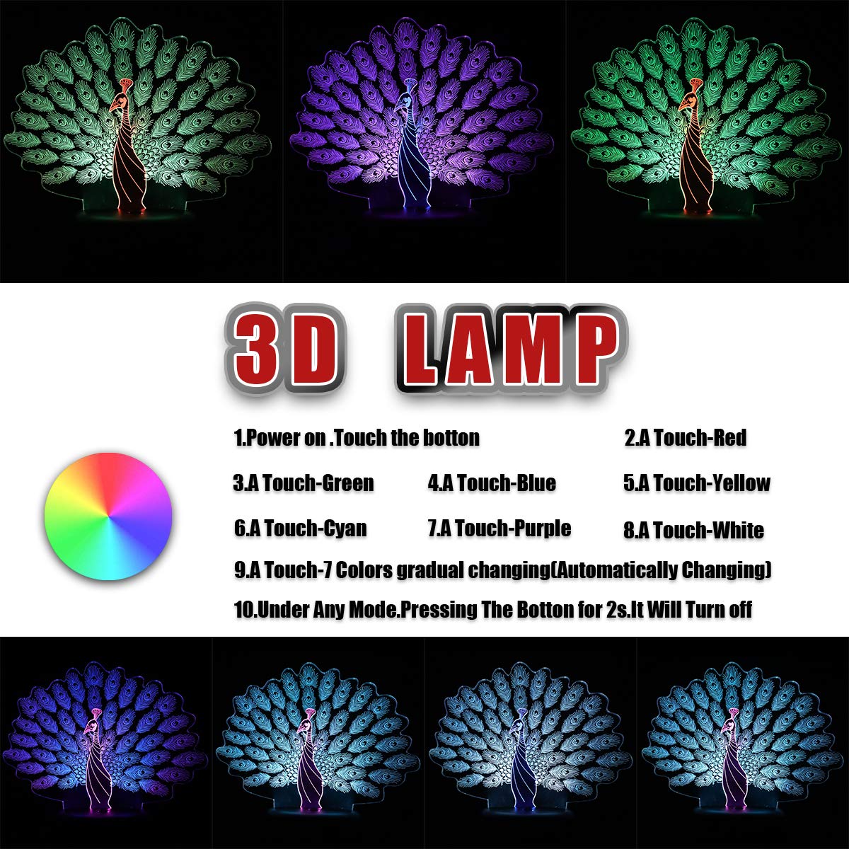 Kolorowa lampa Phoenix 3D Visual Phoenix LED lampka nocna przełącznik dotykowy i pilot Phoenix lampa biurkowa 7 zmieniających się kolorów lampa dziecięca z ładowarką USB lub podstawą baterii